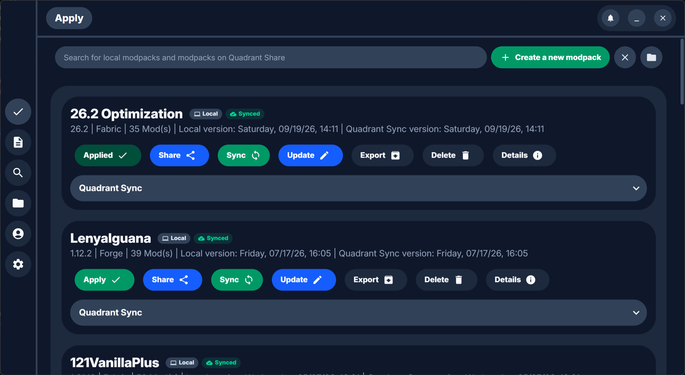 The Quadrant dashboard listing modpacks with Apply, Share, Sync, and Update buttons