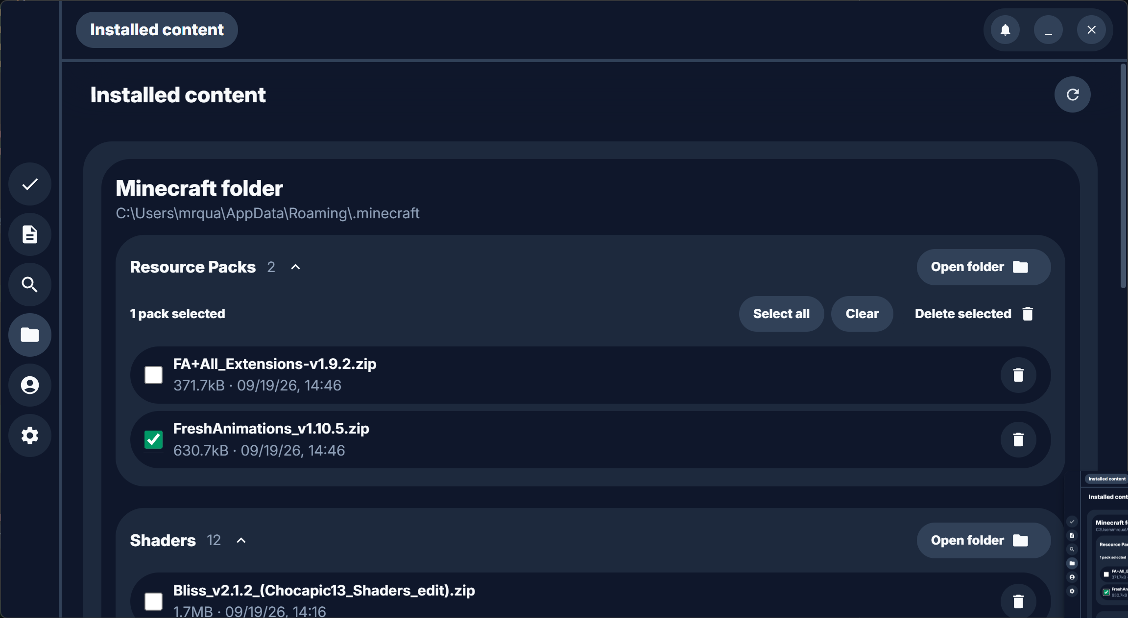 Quadrant's installed content view listing resource packs and shaders in the Minecraft folder
