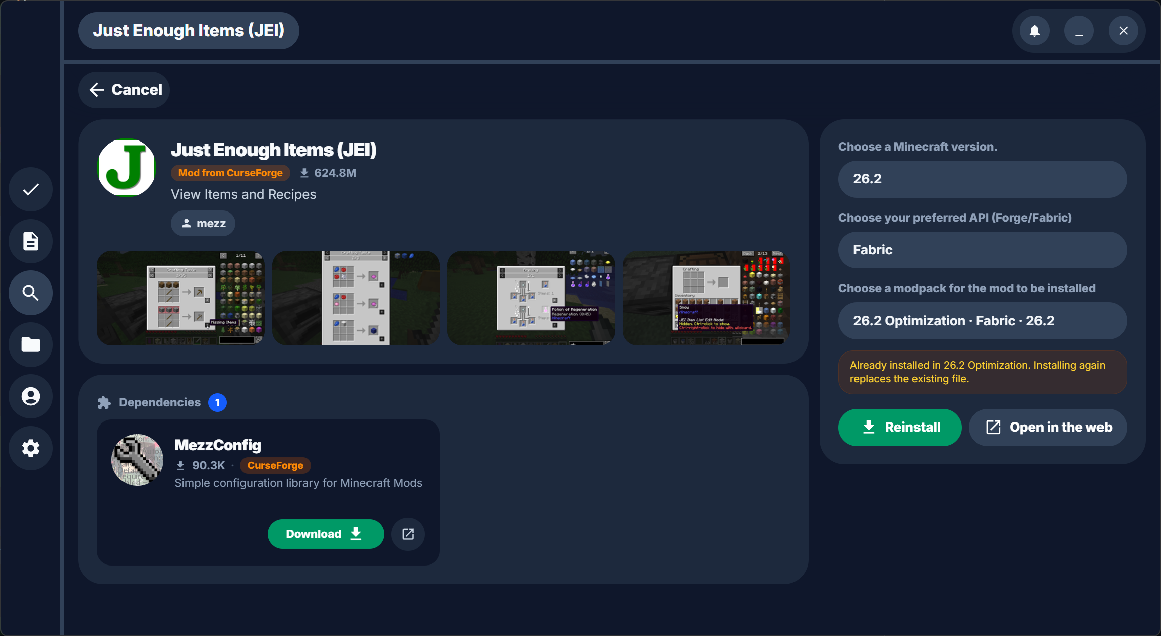 The Just Enough Items mod page in Quadrant, with screenshots, dependencies, and install options