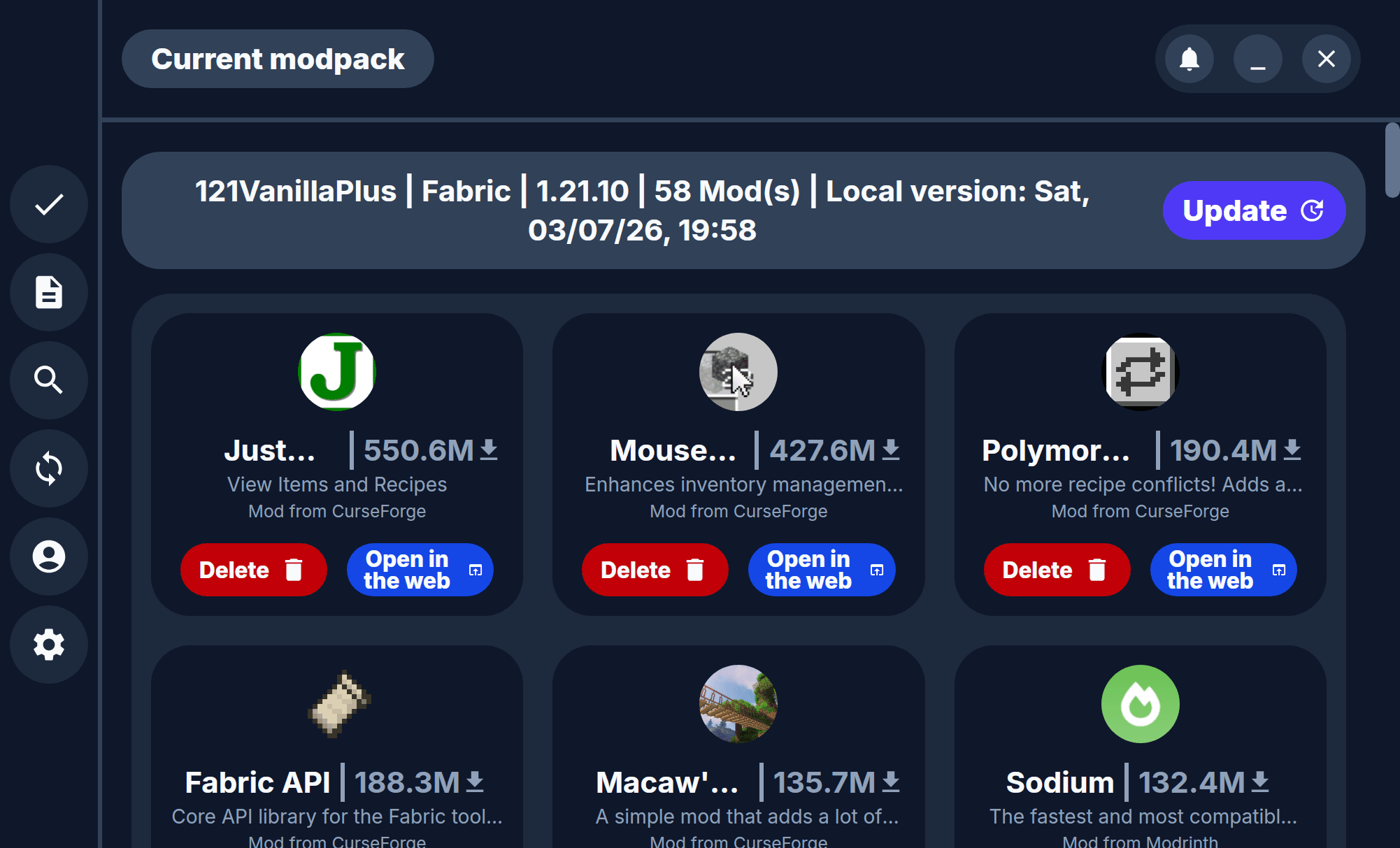 Quadrant modpack details and actions